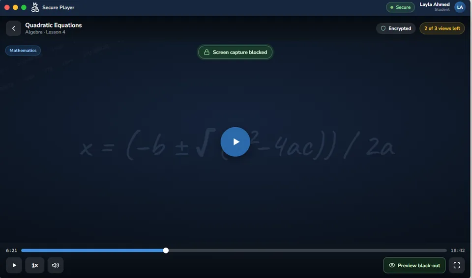 A lesson playing in the Salah Bahzad Secure Player, with the student’s watermark and “2 of 3 views left”.